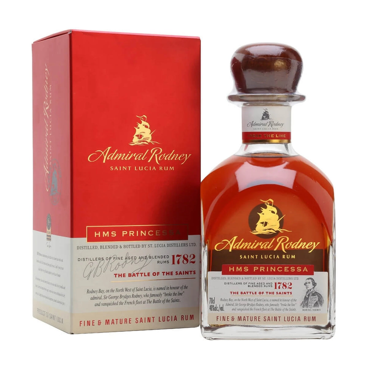 Admiral Rodney HMS Princessa Rum 70cl bottle and gift box on a white background