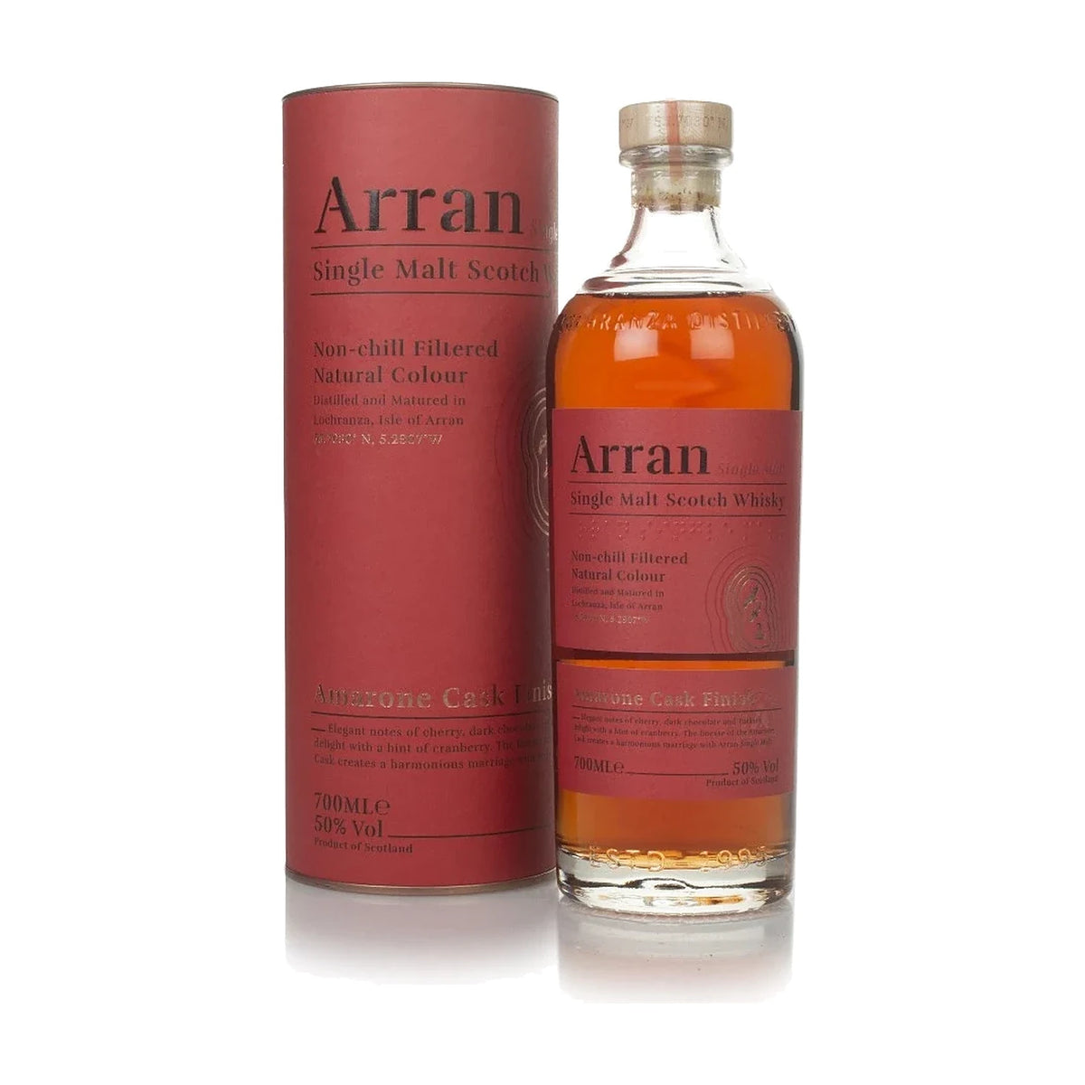 Arran Amarone Cask Finish Single Malt Scotch Whisky, 70cl bottle with gift tube on a white background