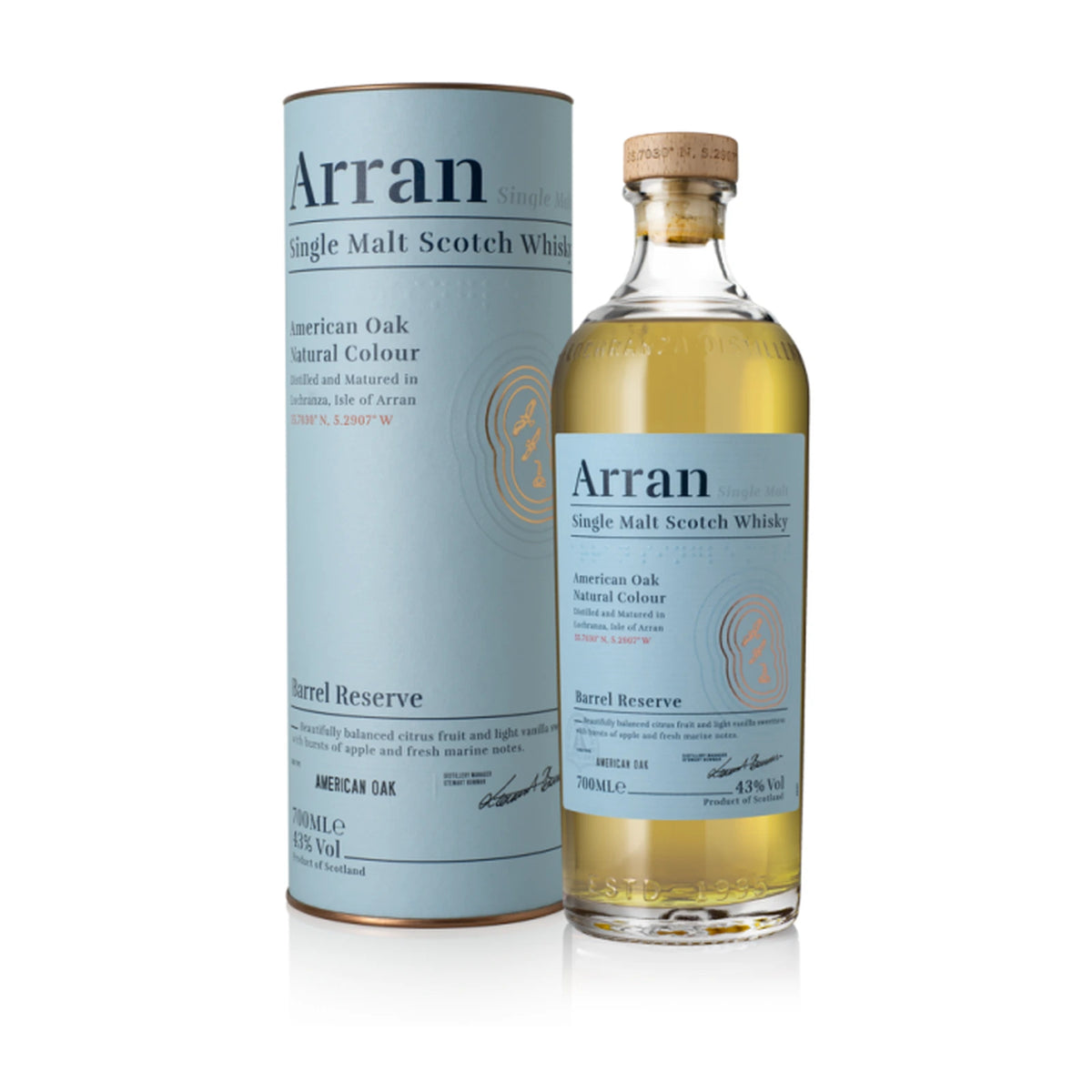 Arran Barrel Reserve Single Malt Scotch Whisky 70cl bottle and tube, Isle of Arran Distillers, ex-bourbon barrel matured