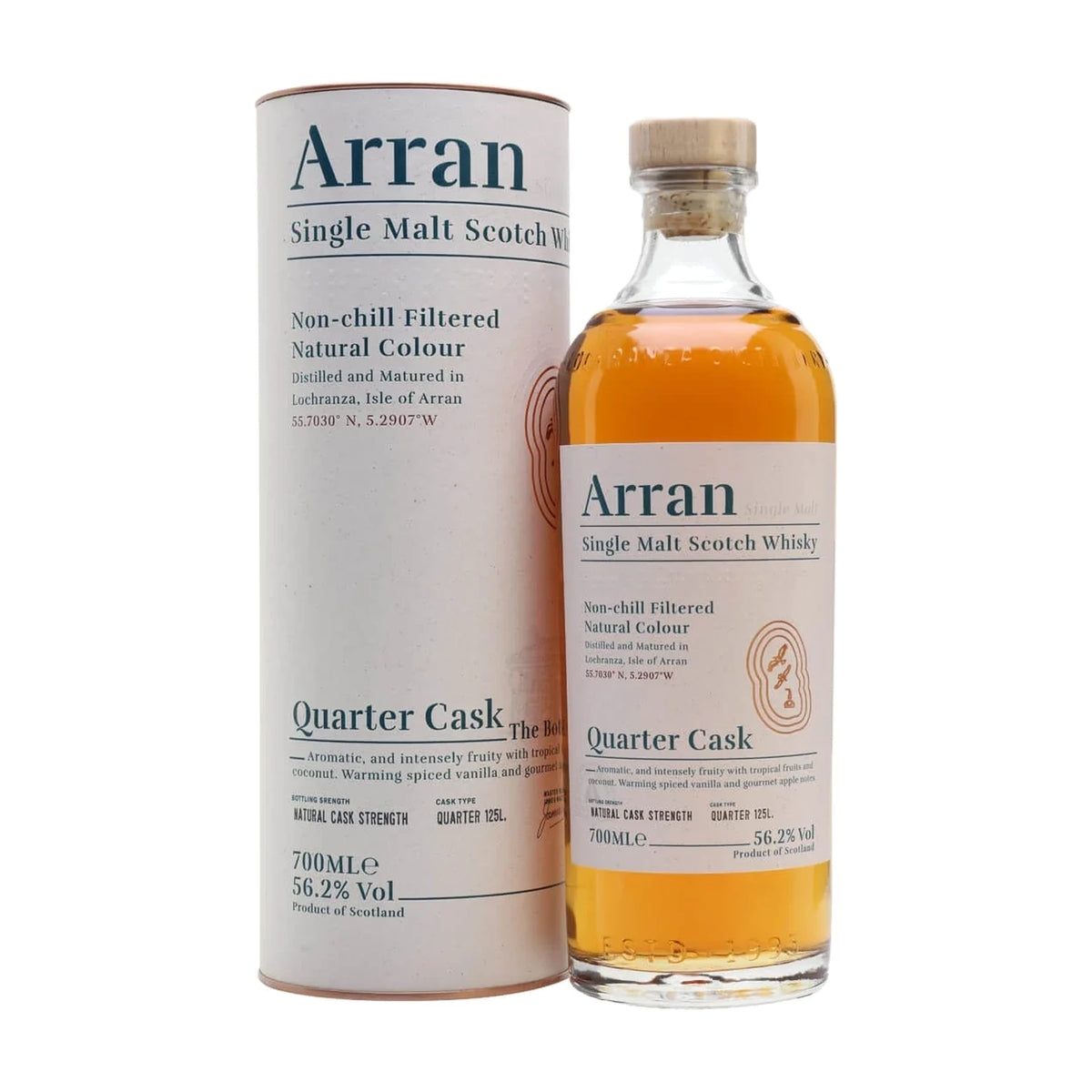 Arran Quarter Cask The Bothy Island Single Malt Scotch Whisky, 70cl bottle with gift tube on a white background
