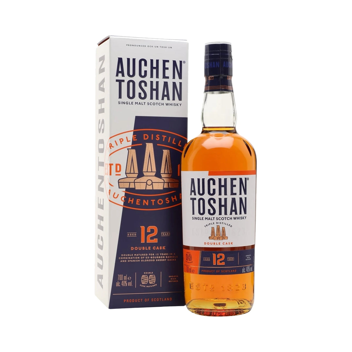 Auchentoshan 12 Year Old Lowland Single Malt Scotch Whisky 70cl bottle and box on a white background