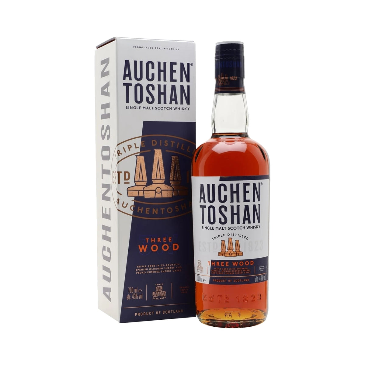 Auchentoshan Three Wood Lowland Single Malt Scotch Whisky 70cl bottle and box on a white background