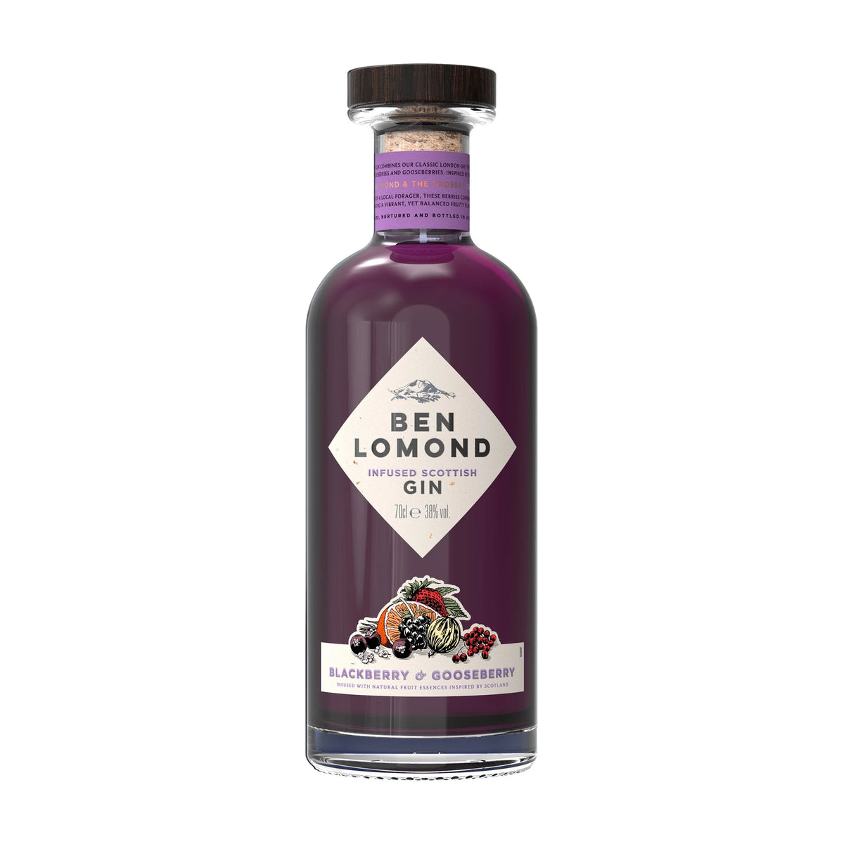 Ben Lomond Blackberry & Gooseberry Flavoured Gin 70cl bottle on a white background