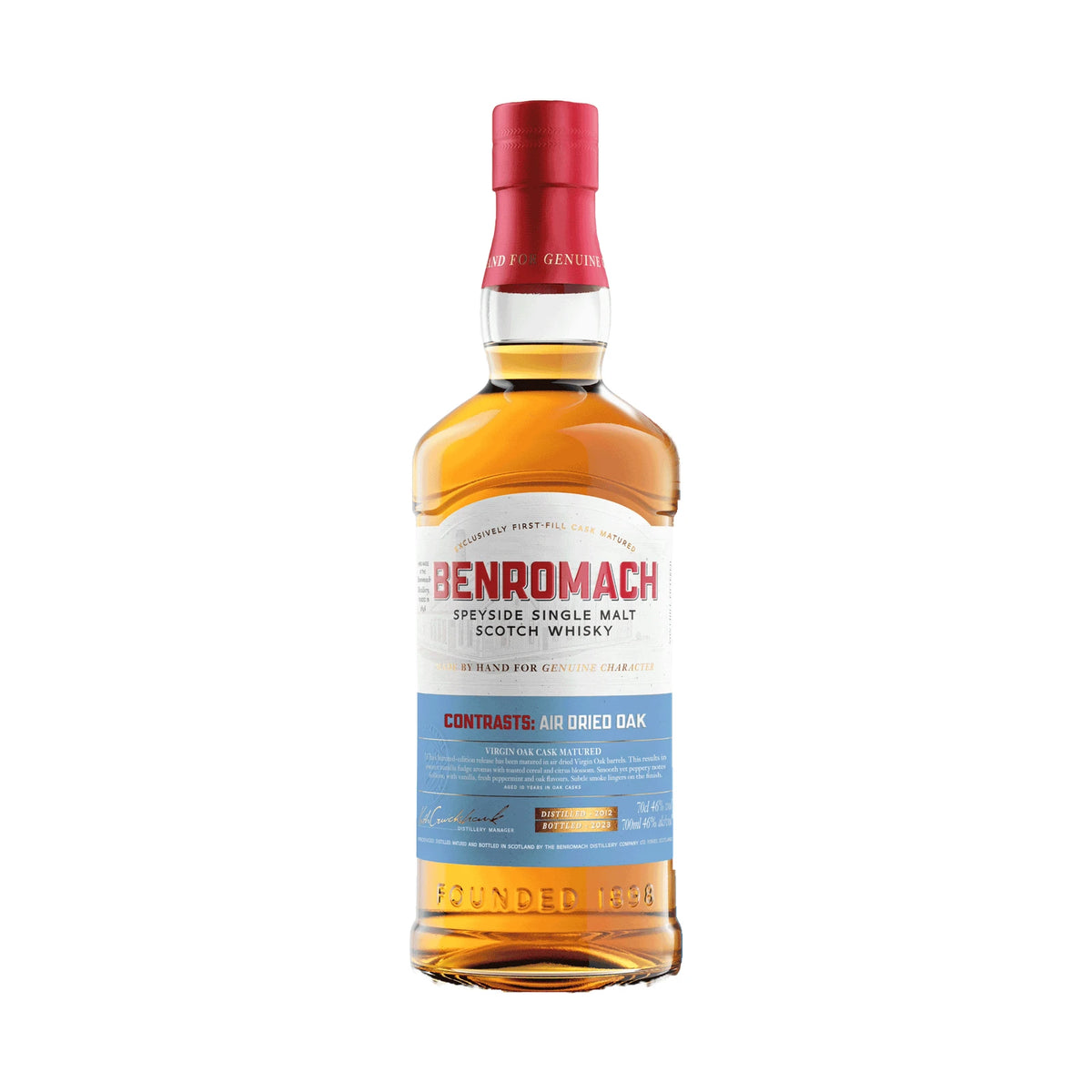 Benromach Contrasts Air Dried Oak Speyside Single Malt Scotch Whisky 70cl bottle on a white background