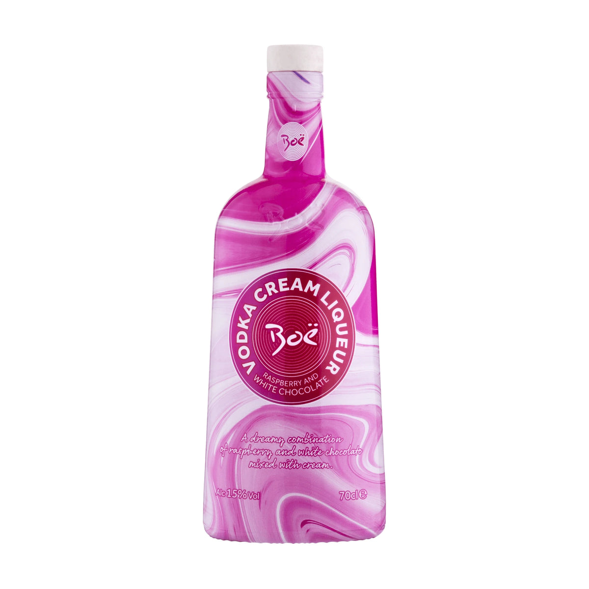 Boë Raspberry & White Chocolate Vodka Cream Liqueur 70cl bottle on a white background