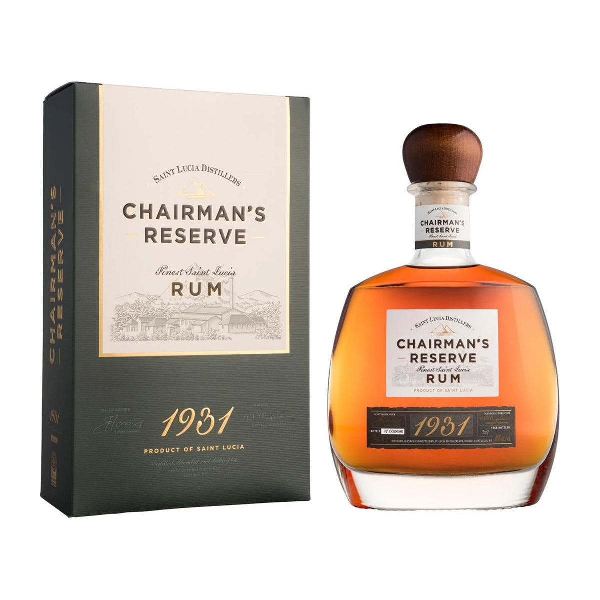 Chairman's Reserve 1931 Rum 70cl bottle and gift box on a white background