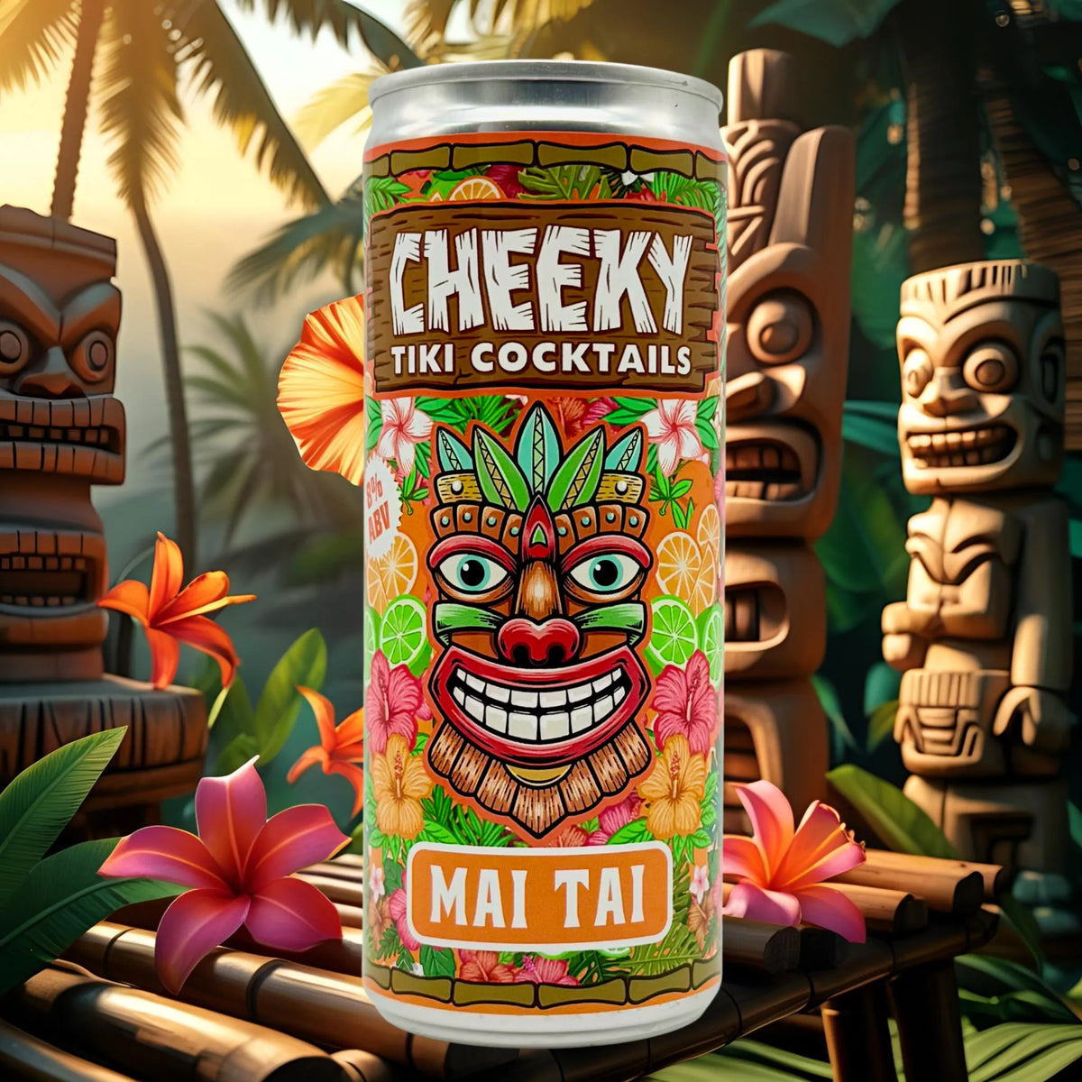 Cheeky Tiki Mai Tai cocktail can in front of a tiki hut at sunset