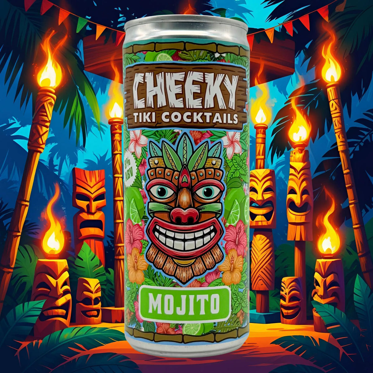 Cheeky Tiki Mojito cocktail can in a tiki-themed night scene