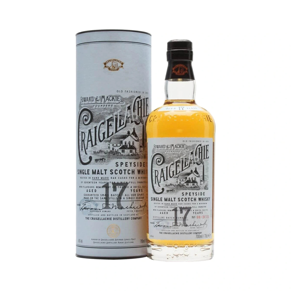 Craigellachie 17 Year Old Speyside Single Malt Scotch Whisky 70cl bottle and gift tube on a white background