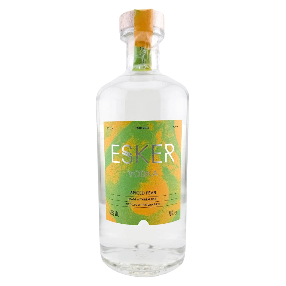 Bottle of Esker Spiced Pear Vodka, 70cl, 40% ABV, on a white background