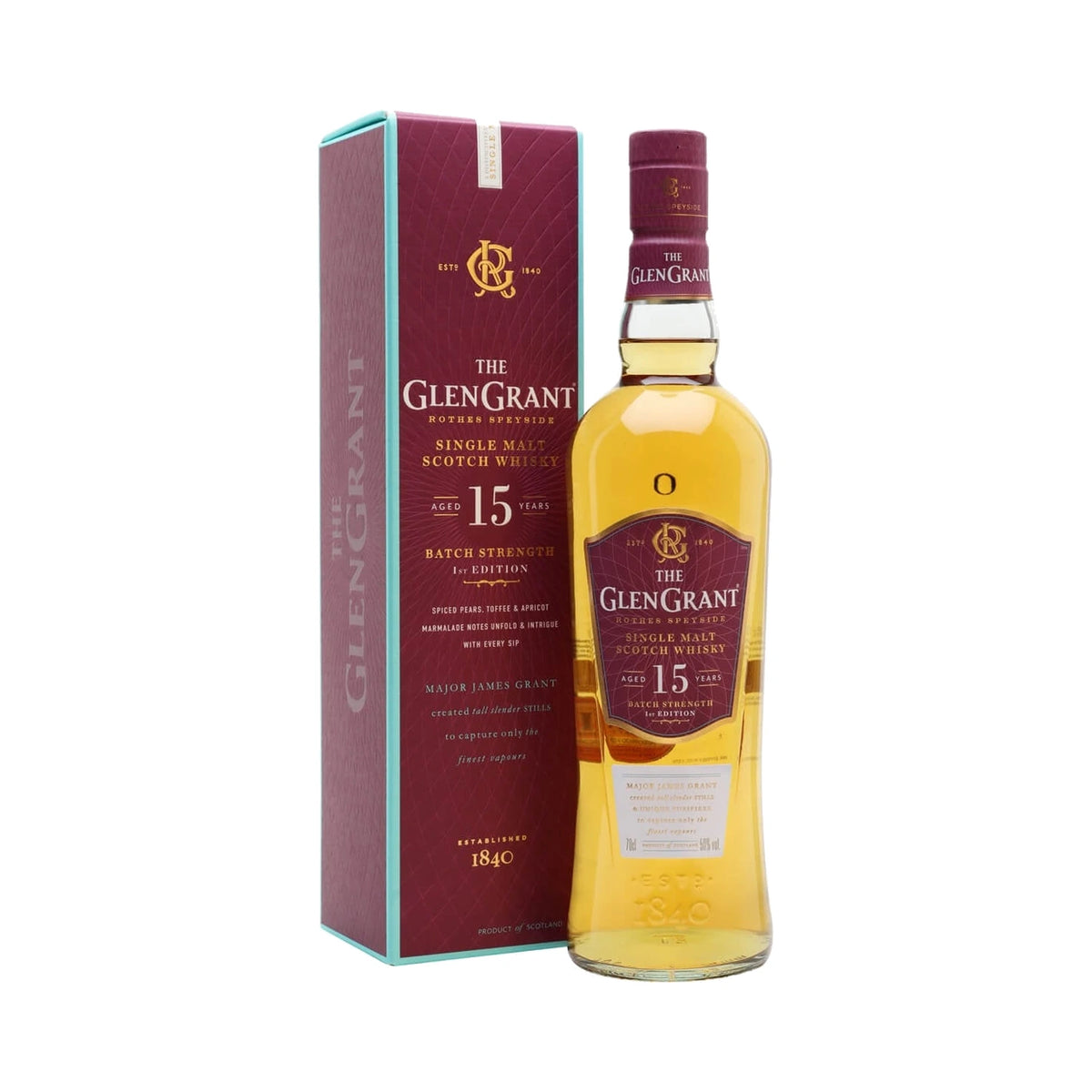 Glen Grant 15 Year Old Batch Strength Speyside Single Malt Scotch Whisky 70cl bottle and box on a white background