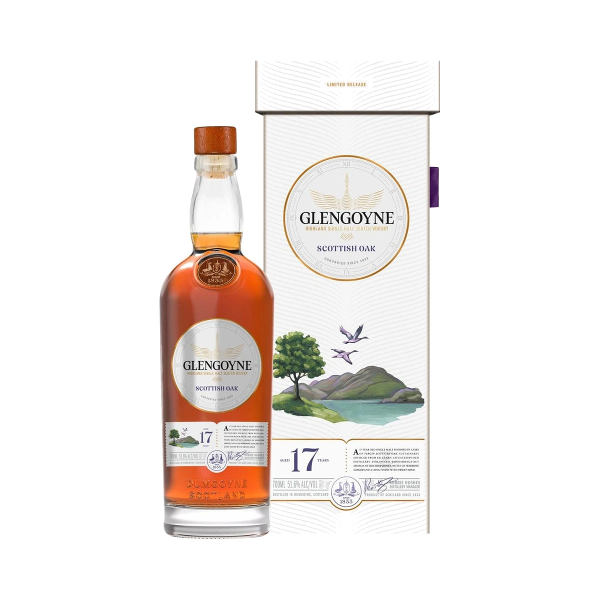 Glengoyne 17 Year Old Scottish Oak Highland Single Malt Scotch Whisky 70cl bottle and box on a white background