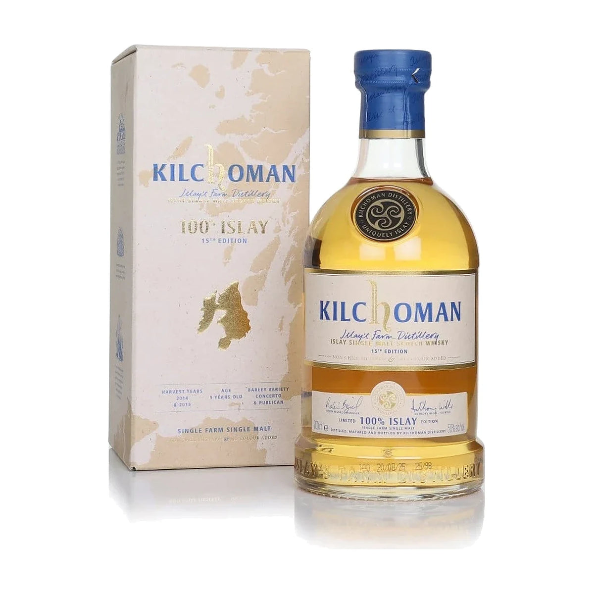 Kilchoman 100% Islay 15th Edition Islay Single Malt Scotch Whisky, 70cl bottle with gift box on a white background