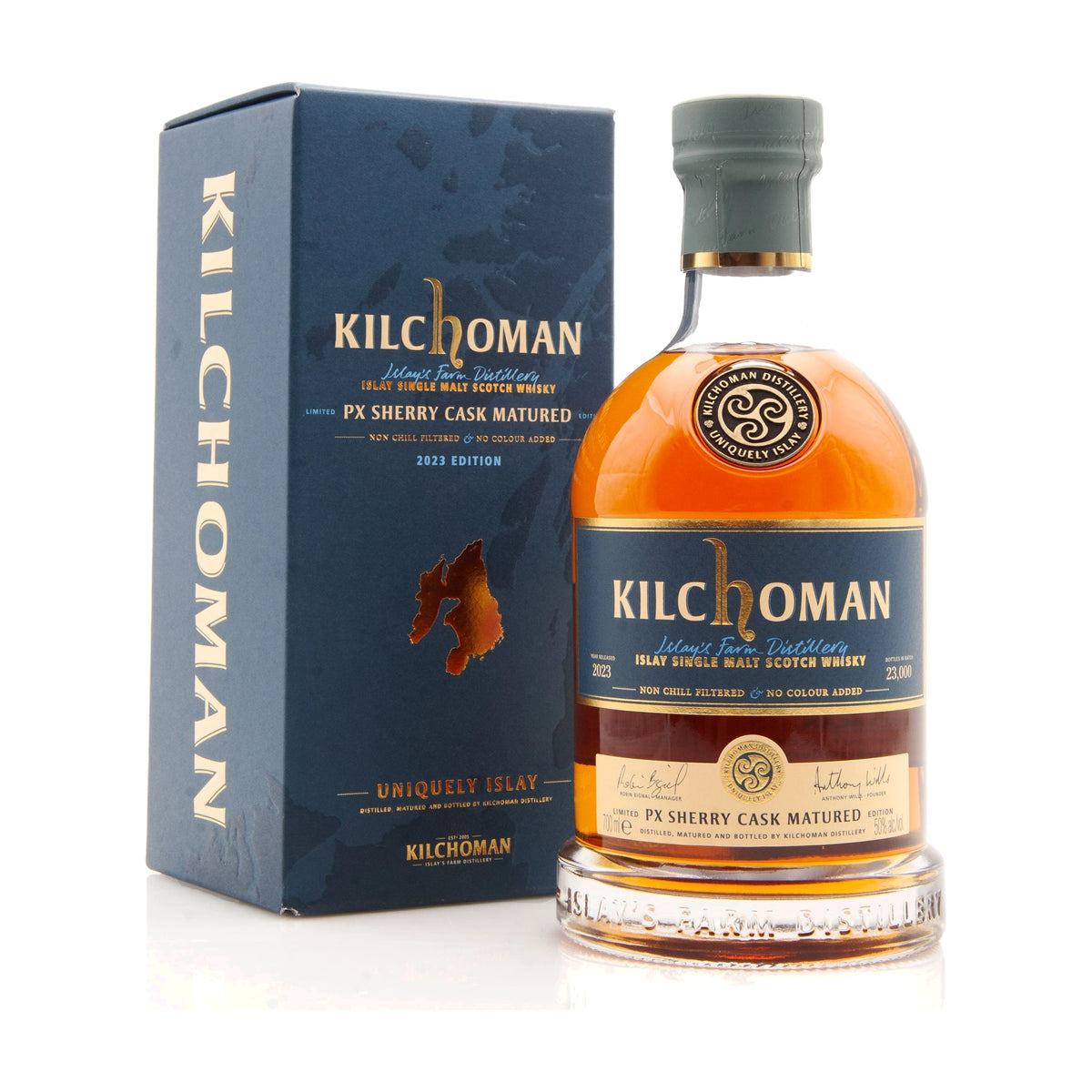Kilchoman PX Sherry Cask Matured Islay Single Malt Scotch Whisky 70cl bottle with gift box on a white background