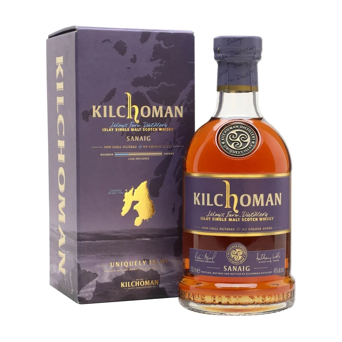 Kilchoman Sanaig Islay Single Malt Scotch Whisky, 70cl bottle with gift box on a white background