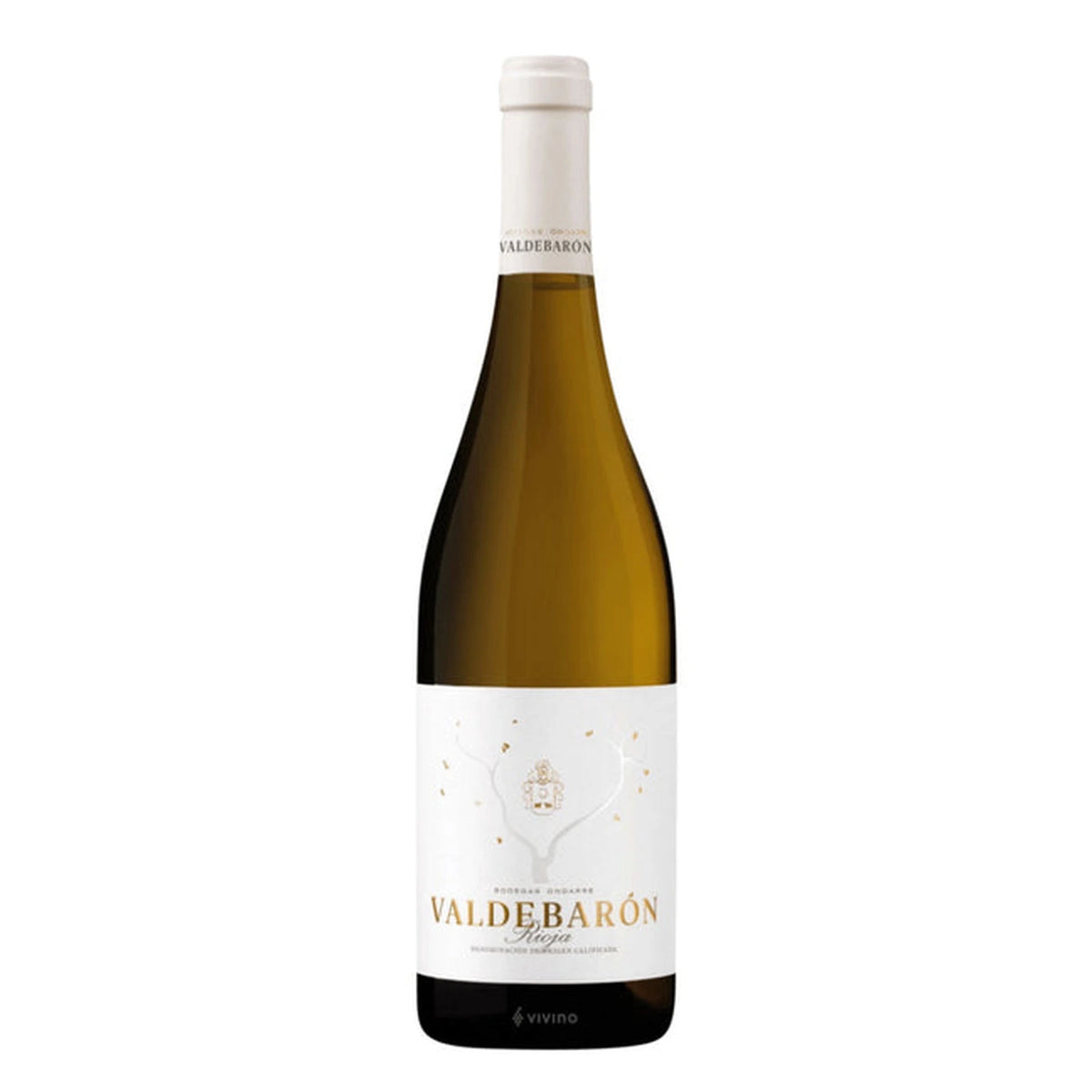 Ondarre Valdebarón Rioja Blanco wine bottle, 75cl, on a white background