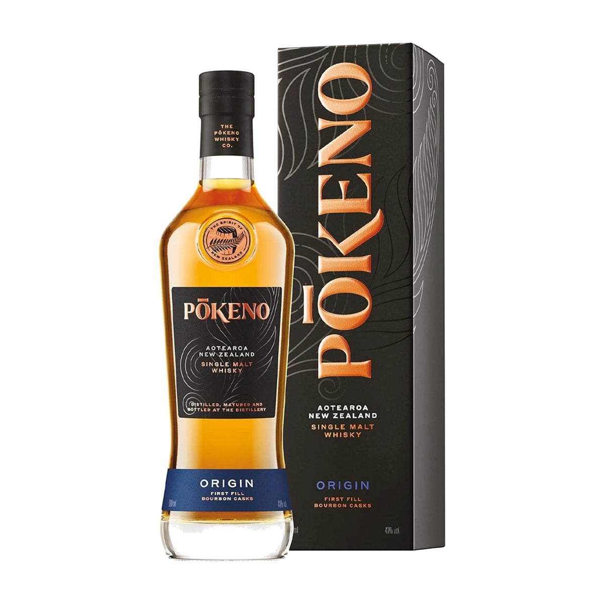 Pokeno Origin New Zealand Single Malt Whisky 70cl bottle and box on a white background