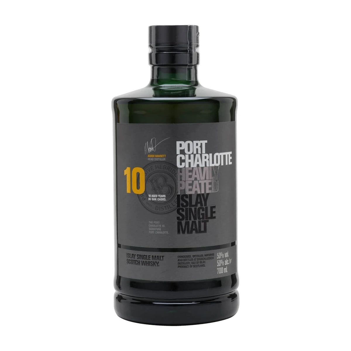 Port Charlotte 10 Year Old Heavily Peated Islay Single Malt 70cl bottle on a white background