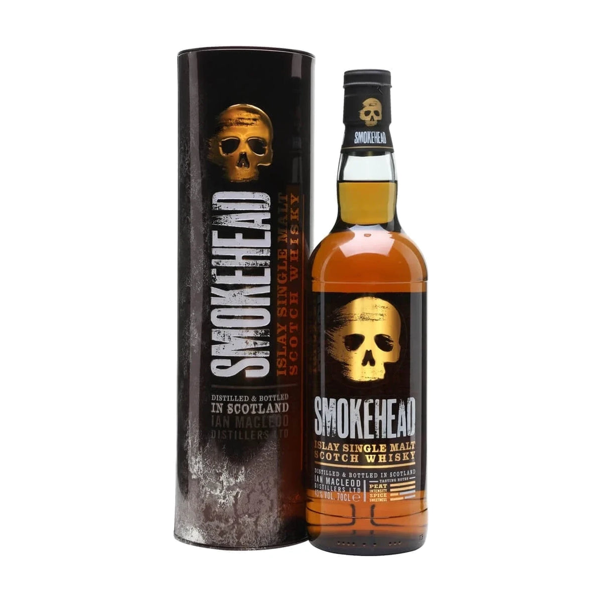 Smokehead Islay Single Malt Scotch Whisky, 70cl bottle with gift tube on a white background