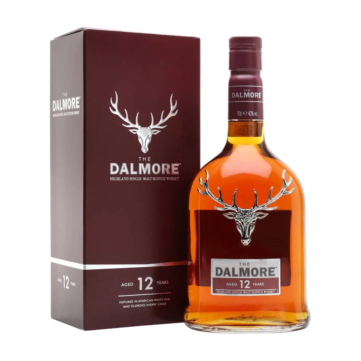 The Dalmore 12 Year Old Highland Single Malt Scotch Whisky, 70cl bottle with gift box on a white background