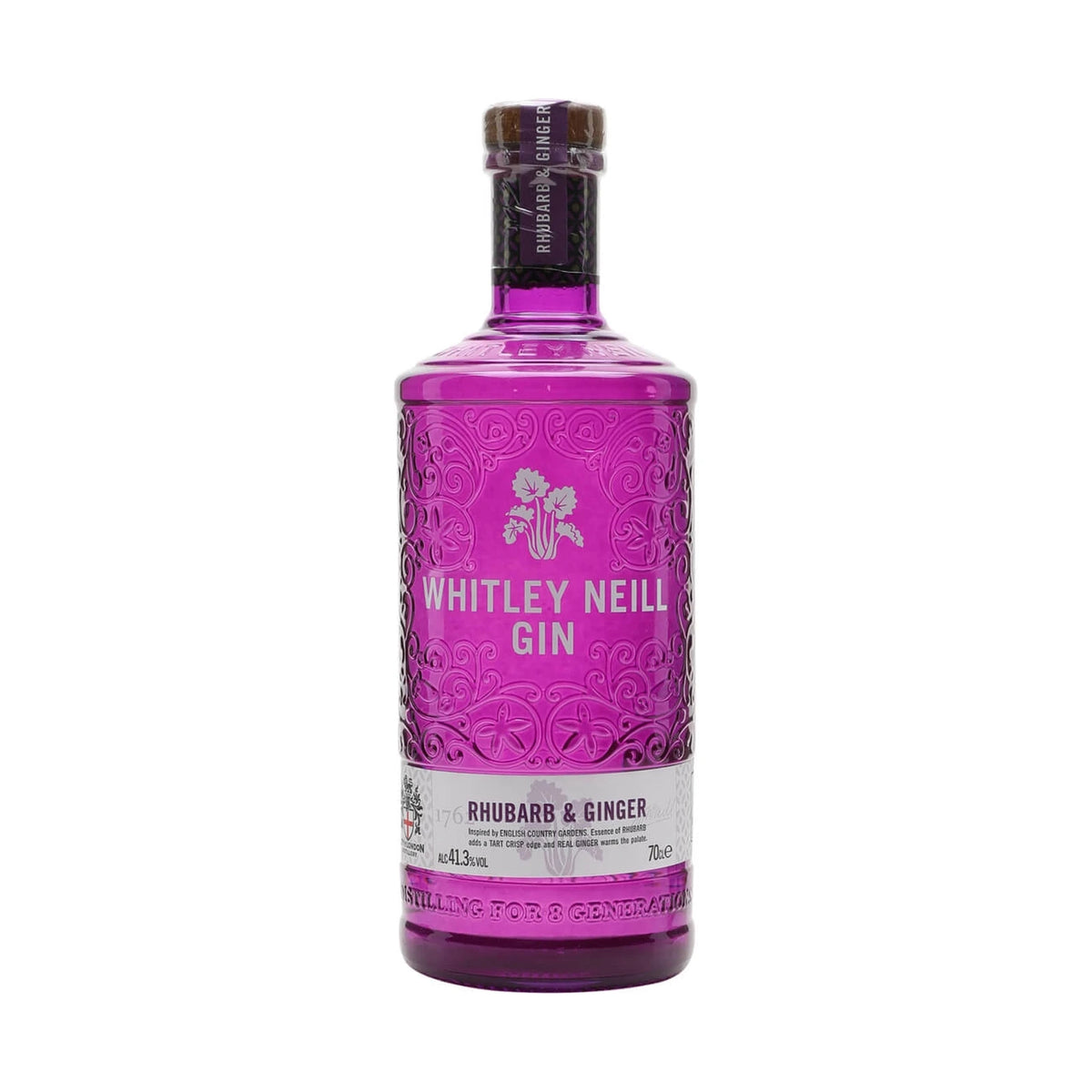 Whitley Neill Rhubarb & Ginger Gin 70cl bottle on a white background