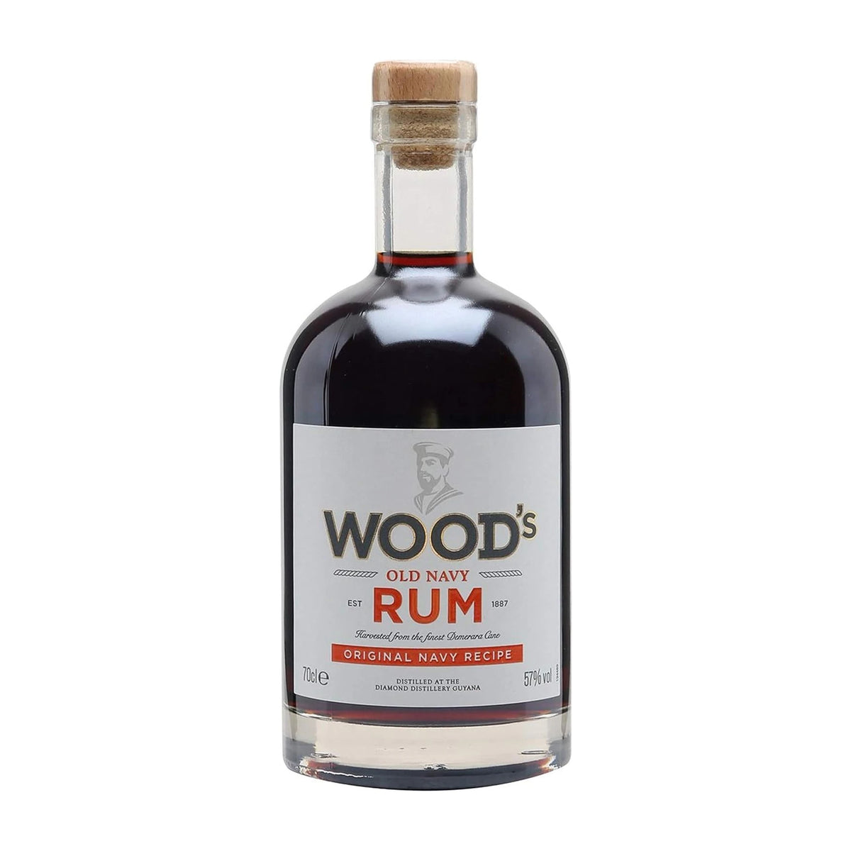 Wood’s Old Navy Rum 70cl bottle on a white background