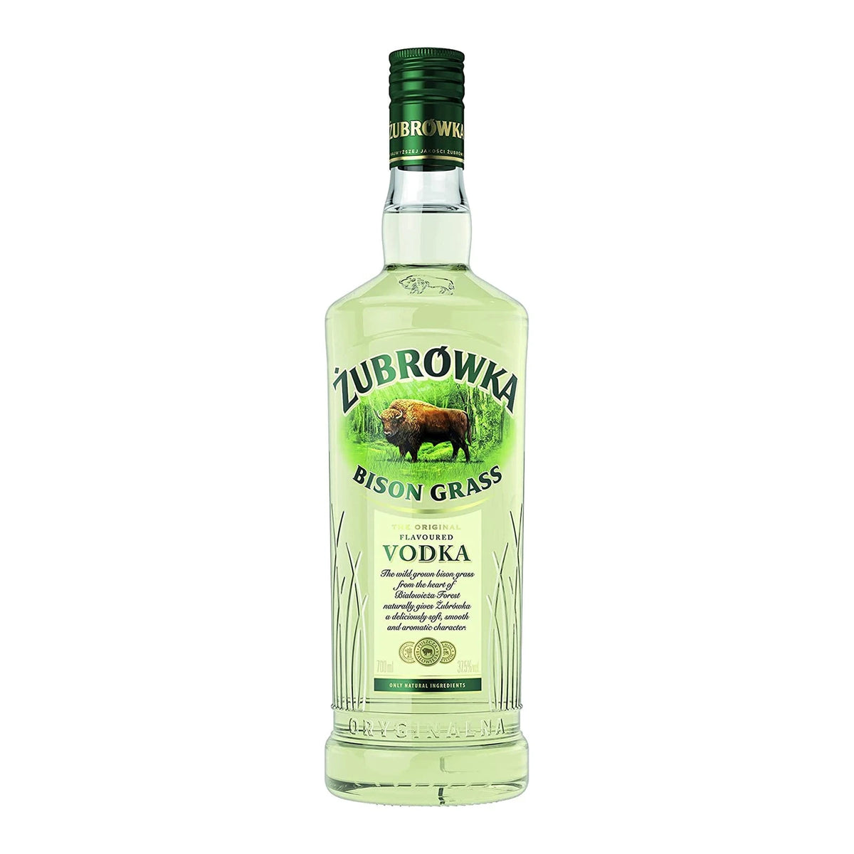Bottle of Żubrówka Bison Grass Vodka 70cl on a white background