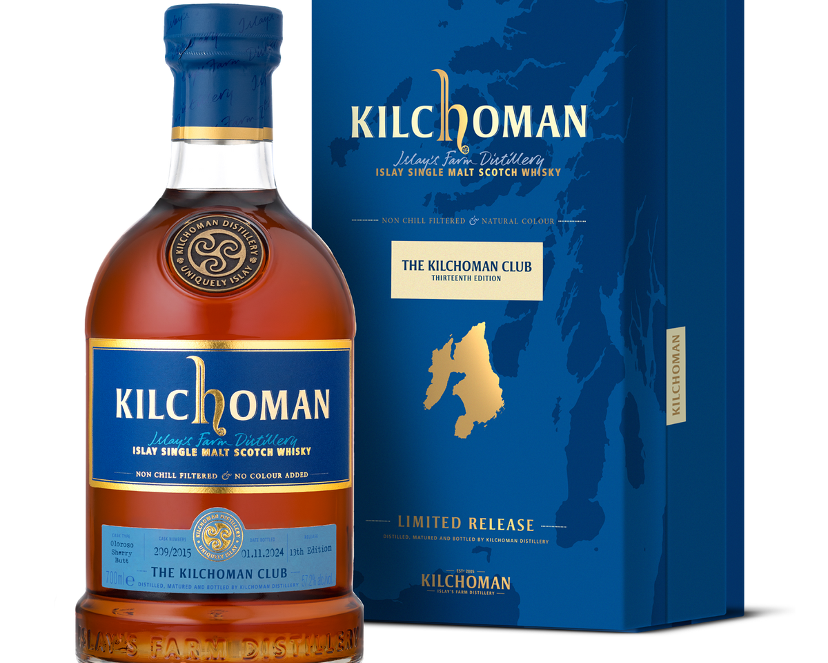 Kilchoman whisky bottle and packaging on a white background