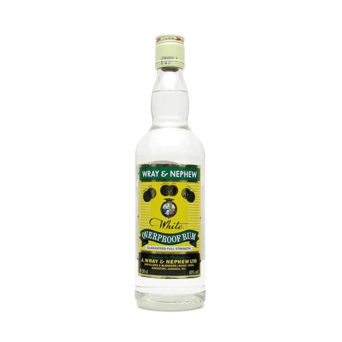 Bottle of Wray & Nephew White Overproof Rum 70cl on a white background