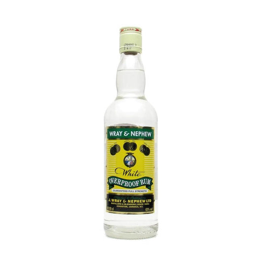 Bottle of Wray & Nephew White Overproof Rum 70cl on a white background