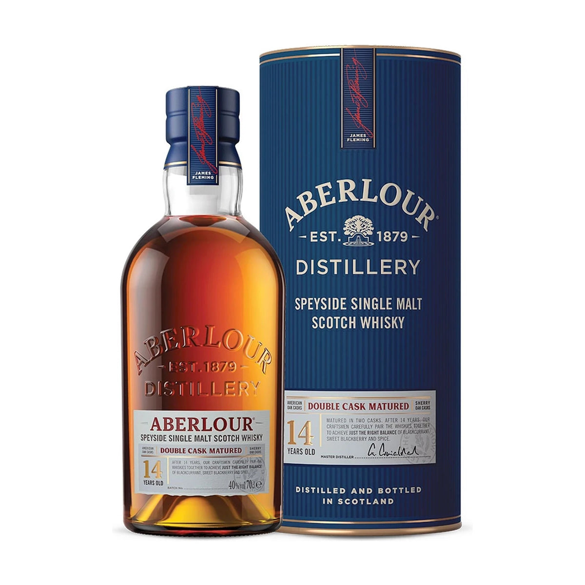 Aberlour 14 Year Old Double Cask Matured Speyside Single Malt Scotch Whisky 70cl bottle and tube on a white background