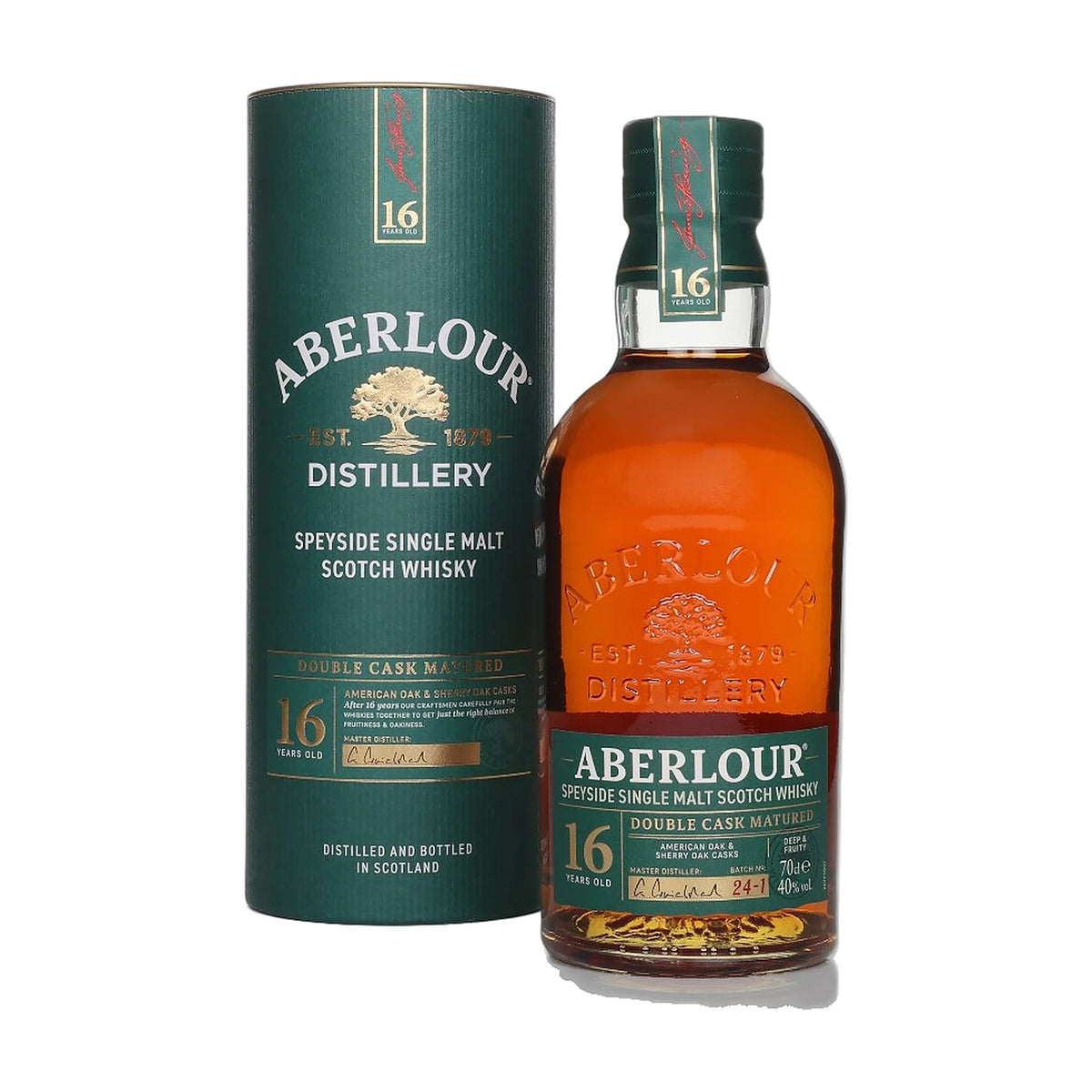 Aberlour 16 Year Old Double Cask Matured Speyside Single Malt Scotch Whisky, 70cl bottle with gift tube on a white background