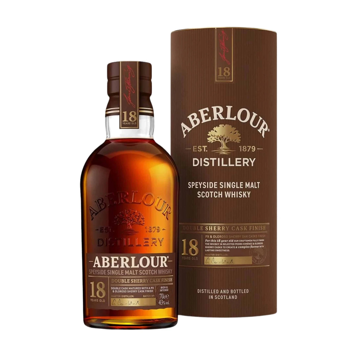 Aberlour 18 Year Old Speyside Single Malt Scotch Whisky, 70cl bottle with gift tube on a white background