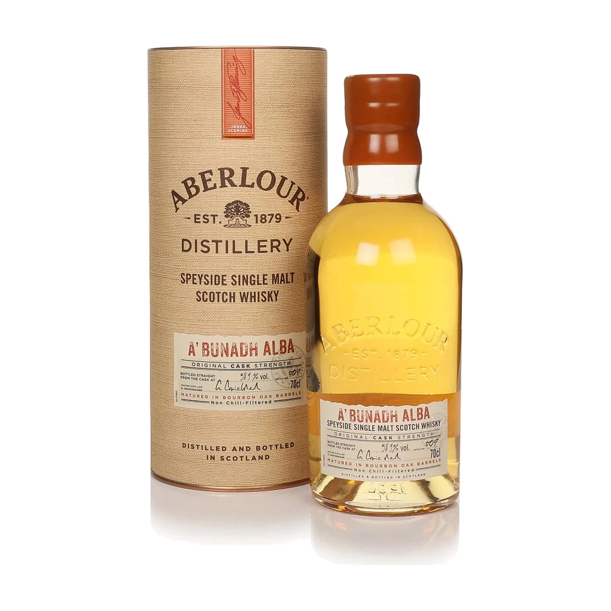 Aberlour A'Bunadh Alba Cask Strength Speyside Single Malt Scotch Whisky, 70cl bottle with gift tube on a white background