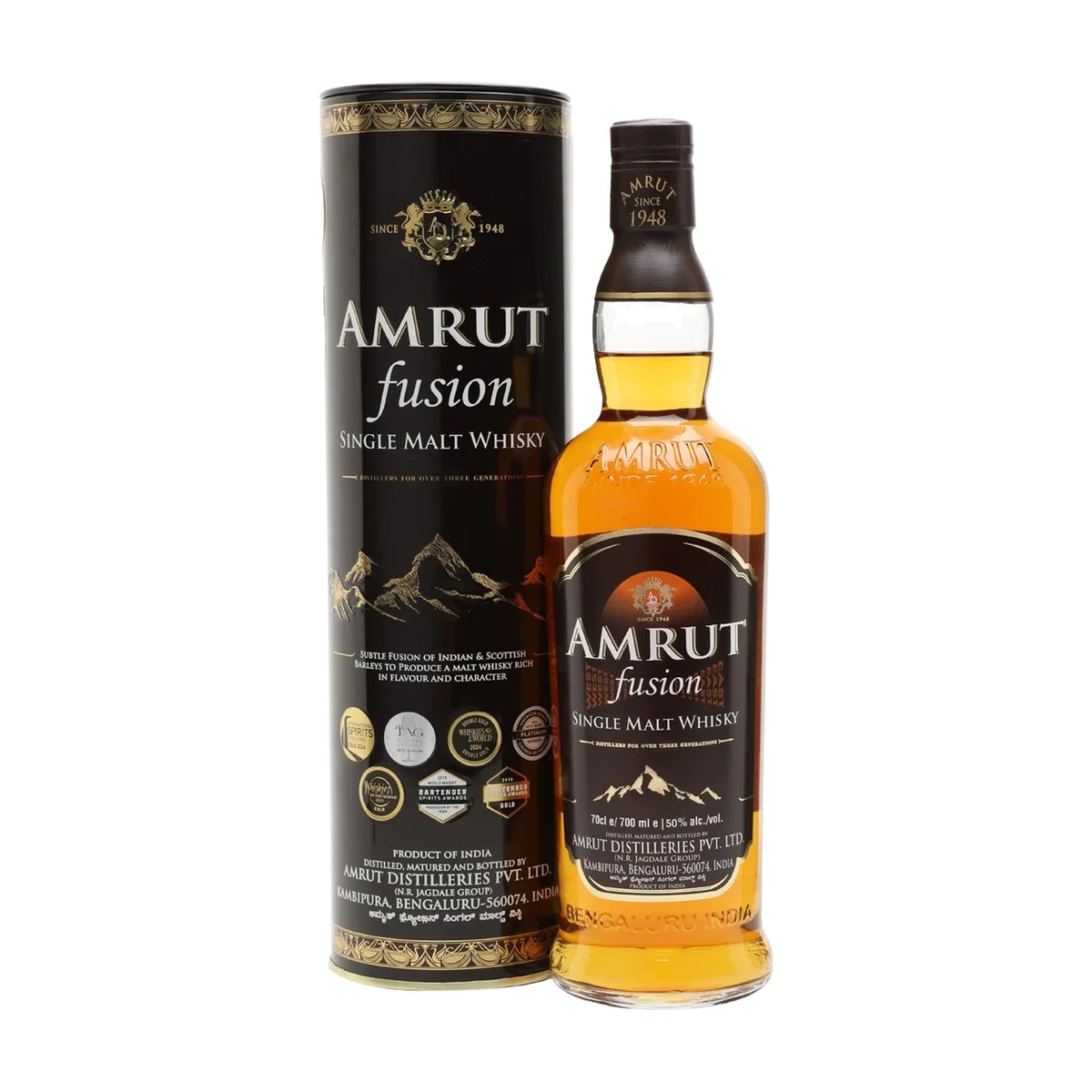 Amrut Fusion Indian Single Malt Whisky, 70cl bottle with gift tube on a white background