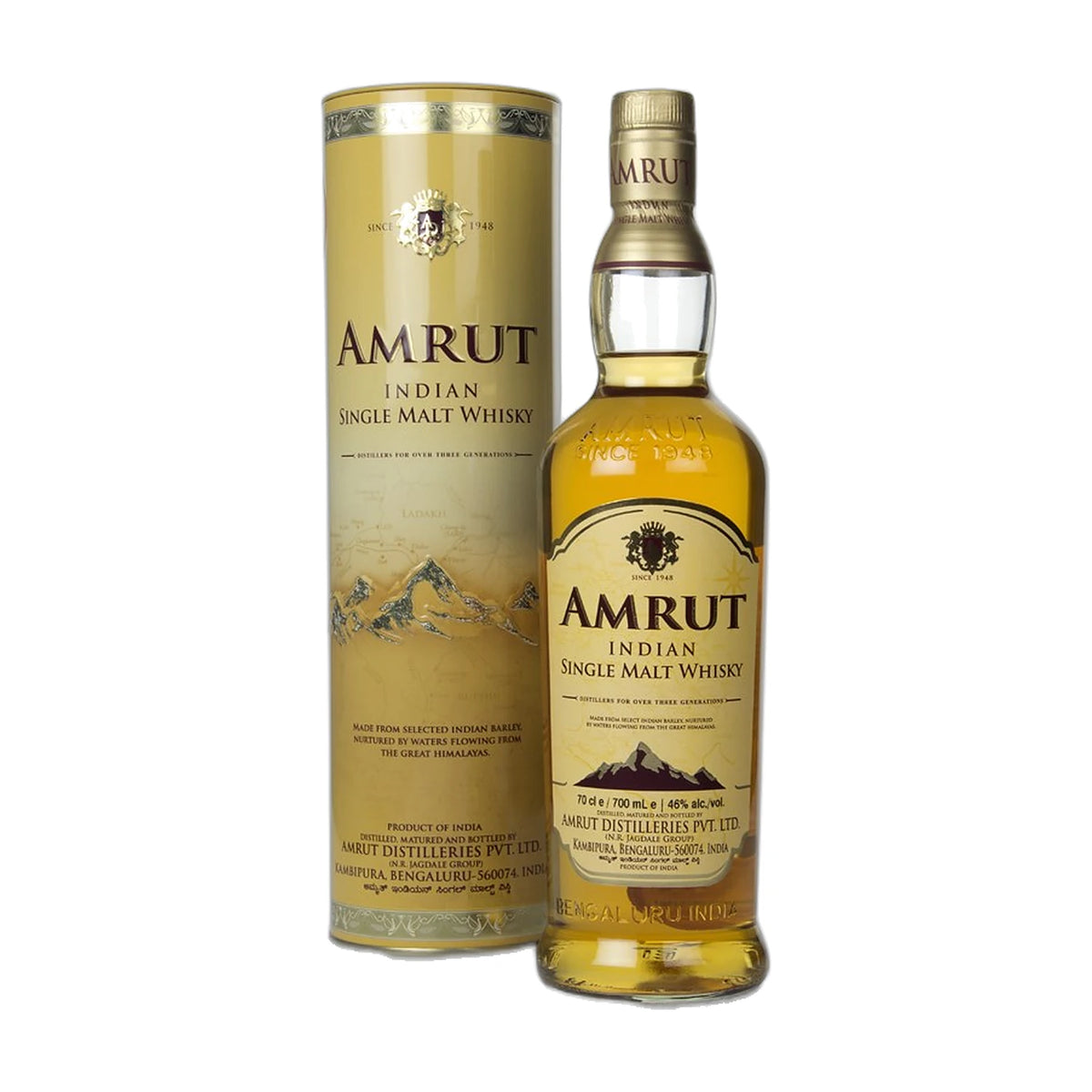 Amrut Indian Single Malt Whisky, 70cl bottle with gift tube on a white background