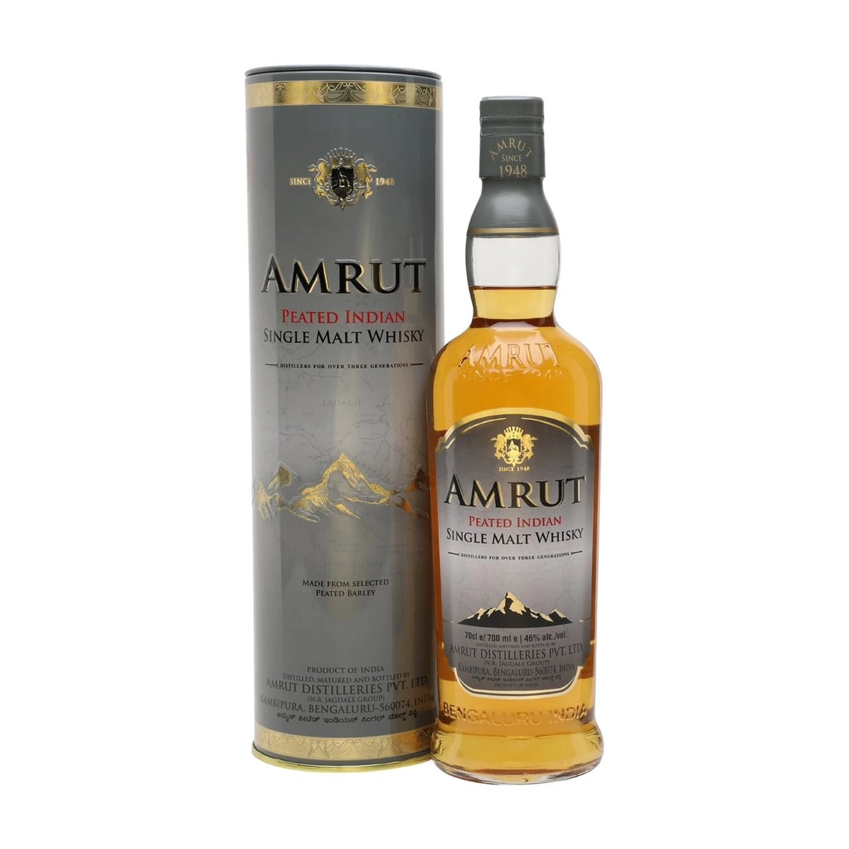 Amrut Peated Indian Single Malt Whisky 70cl bottle on a white background