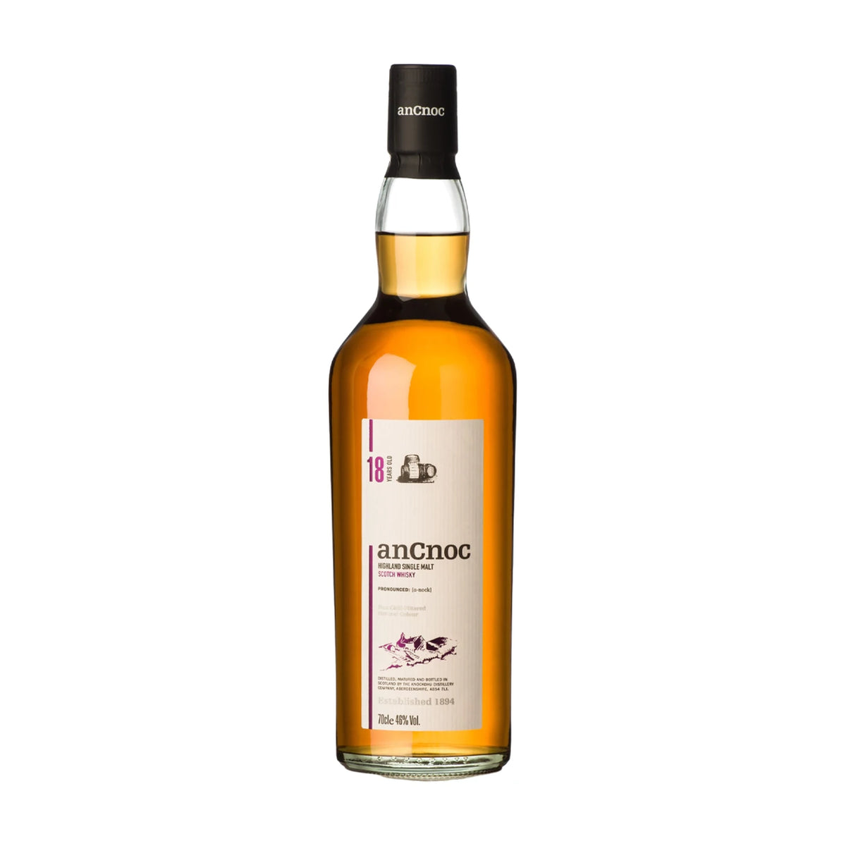 anCnoc 18 Year Old Highland Single Malt Scotch Whisky, 70cl bottle on a white background
