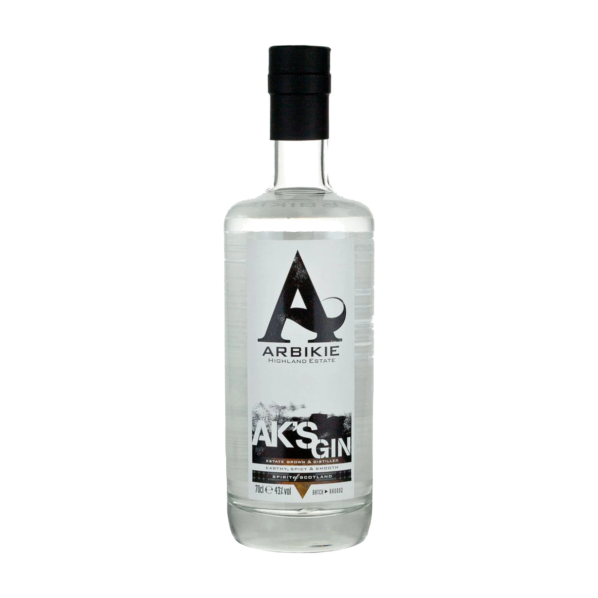 Arbikie AK’s Gin 70cl bottle on a white background