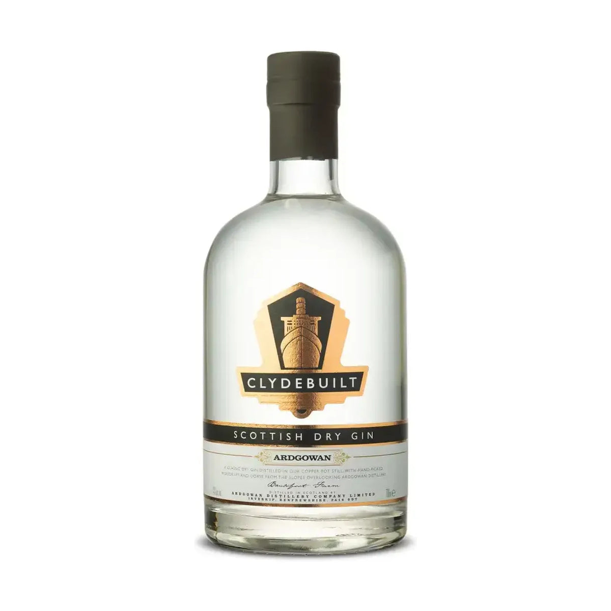 Bottle of Ardgowan Clydebuilt Scottish Dry Gin, 70cl, on a plain background