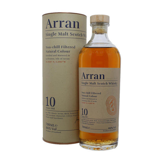 Arran 10 Year Old Single Malt Scotch Whisky, 70cl bottle with gift tube on a white background