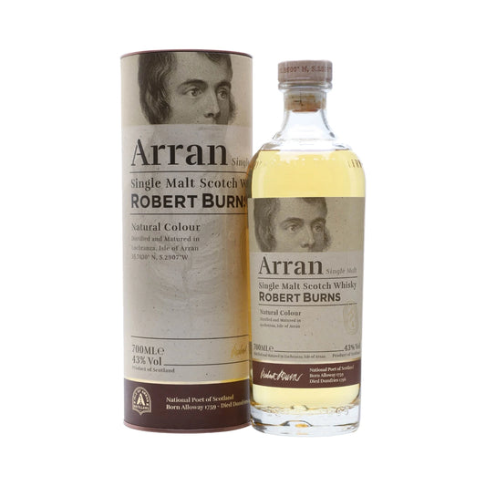 Arran Robert Burns Island Single Malt Scotch Whisky 70cl bottle and gift tube on a white background