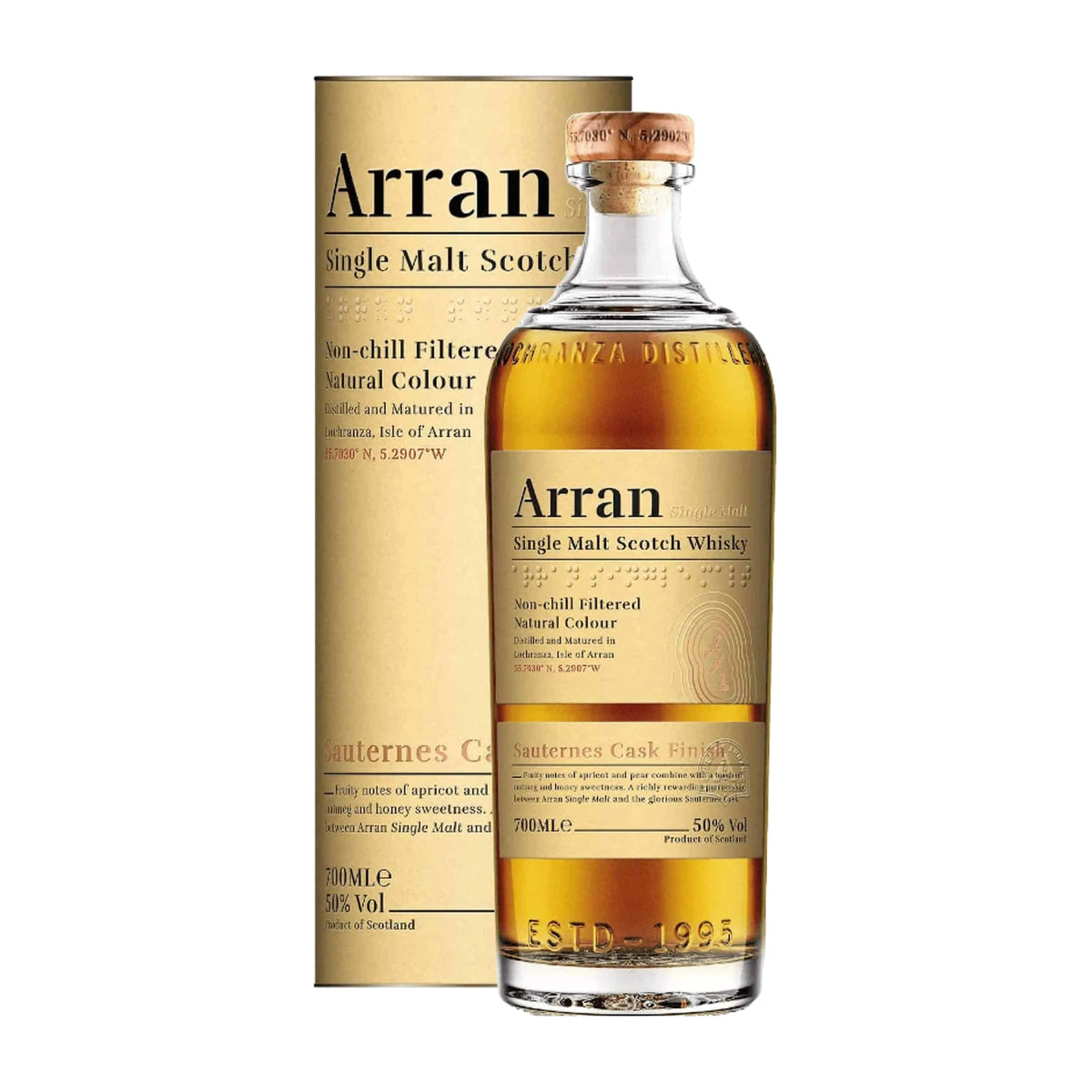 Arran Sauternes Cask Finish Single Malt Scotch Whisky 70cl bottle on a white background