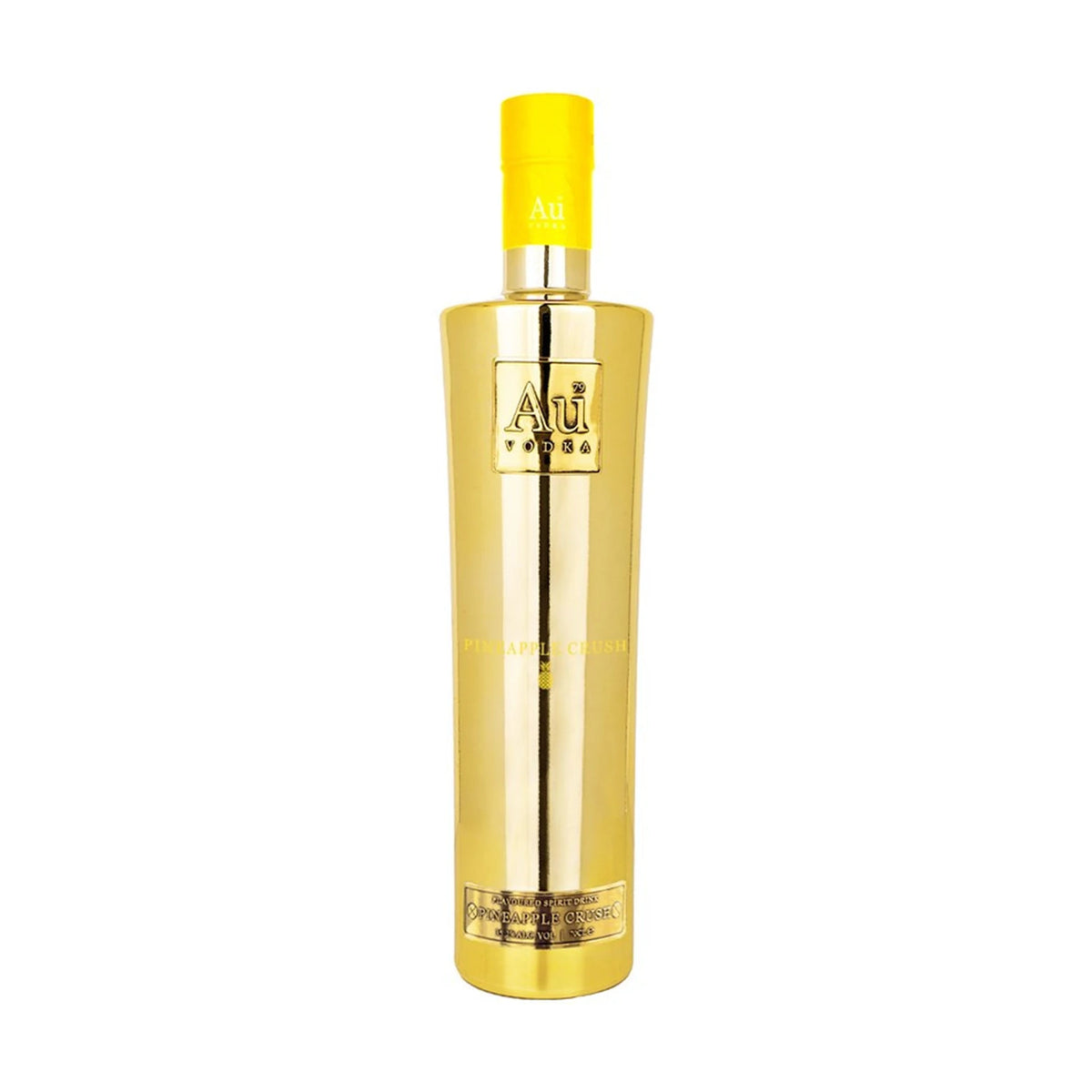 Bottle of Au Vodka Pineapple Crush, 70cl, yellow-labelled glass bottle on a white background