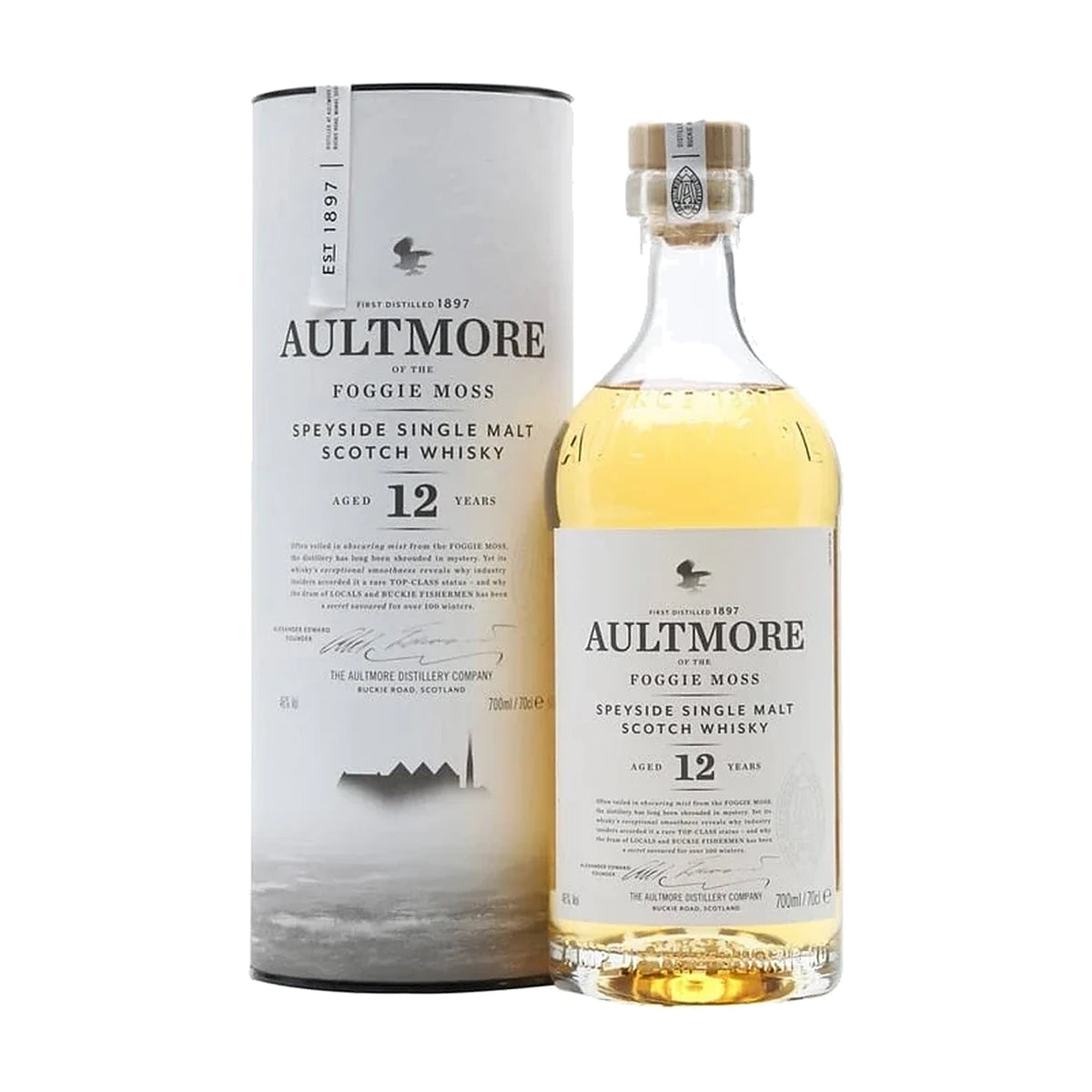 Aultmore 12 Year Old Speyside Single Malt Scotch Whisky, 70cl bottle with gift tube on a white background