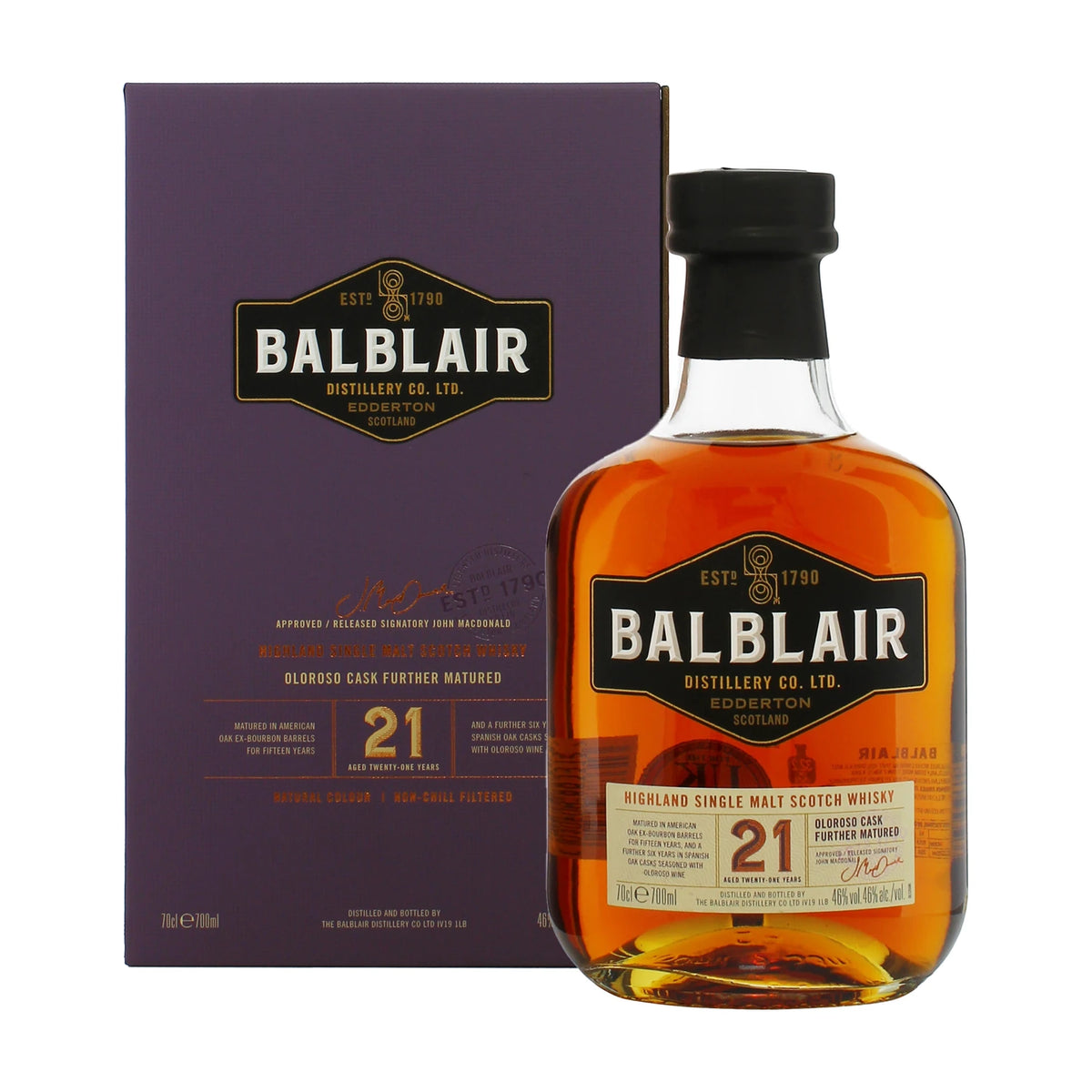 Balblair 21 Year Old Highland Single Malt Scotch Whisky 70cl bottle on a white background