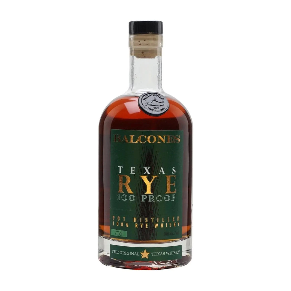 Balcones Texas Rye 100 Proof Whiskey 70cl bottle on a white background