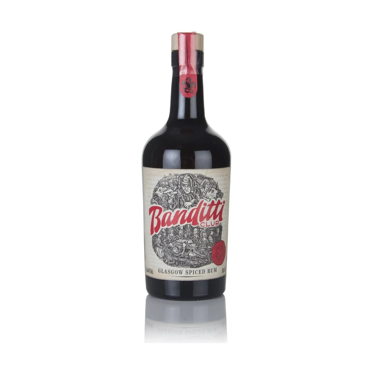 Bottle of Banditti Club Glasgow Spiced Rum, 50cl, dark glass bottle with gold label on a white background