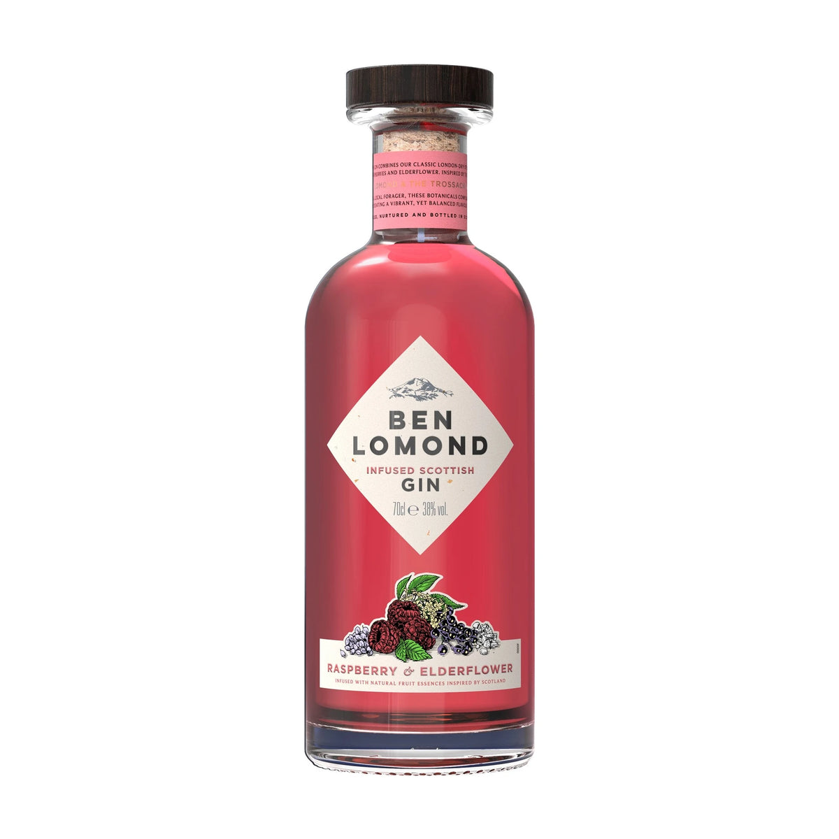Ben Lomond Raspberry & Elderflower Flavoured Gin 70cl bottle on a white background