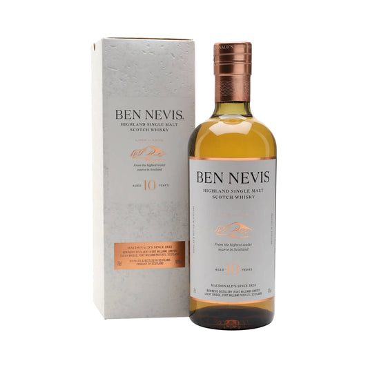 Ben Nevis 10 Year Old Highland Single Malt Scotch Whisky 70cl bottle and box on a white background